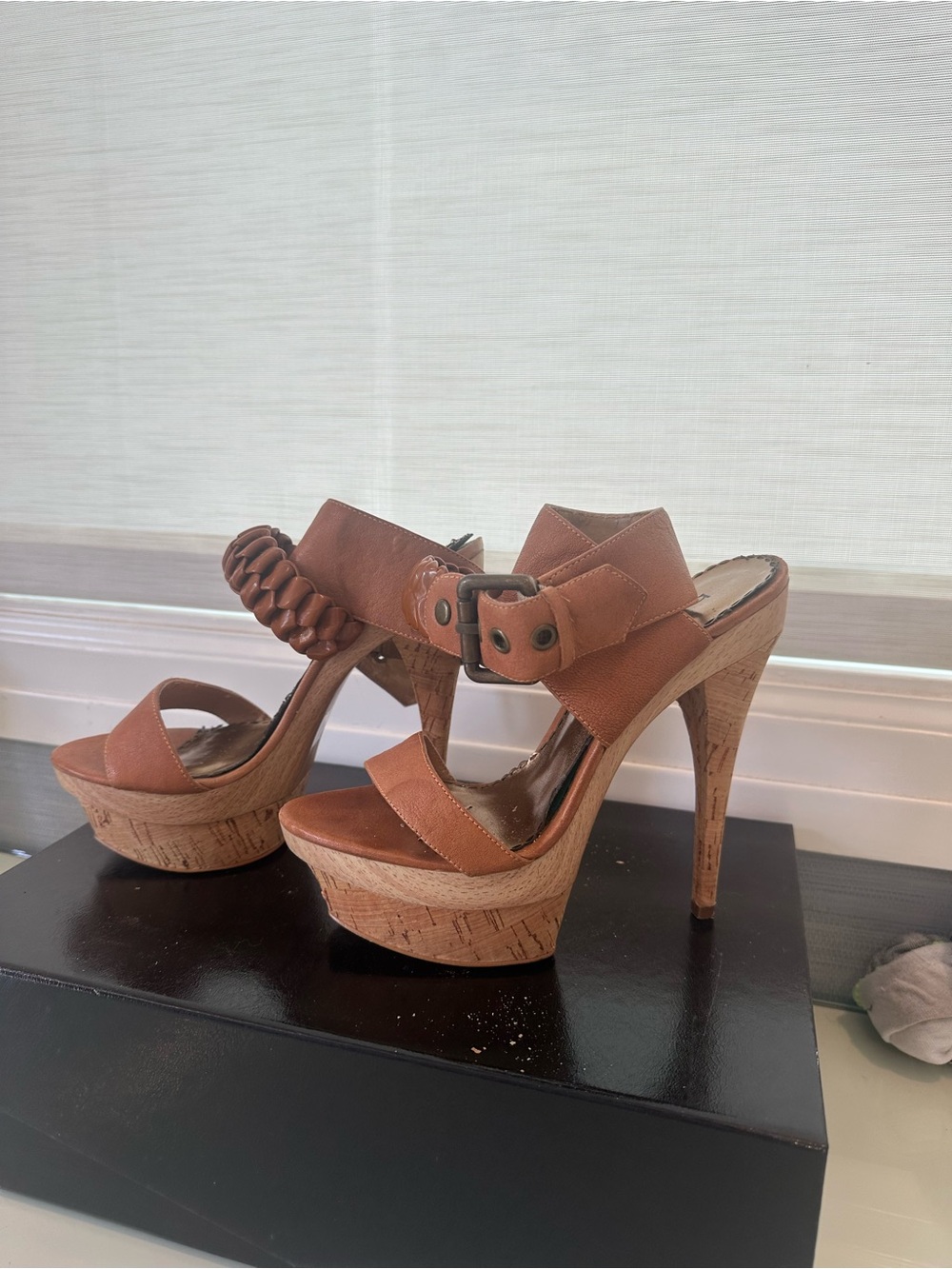 bebe Cognac Braided-Strap Cork Platform Heels